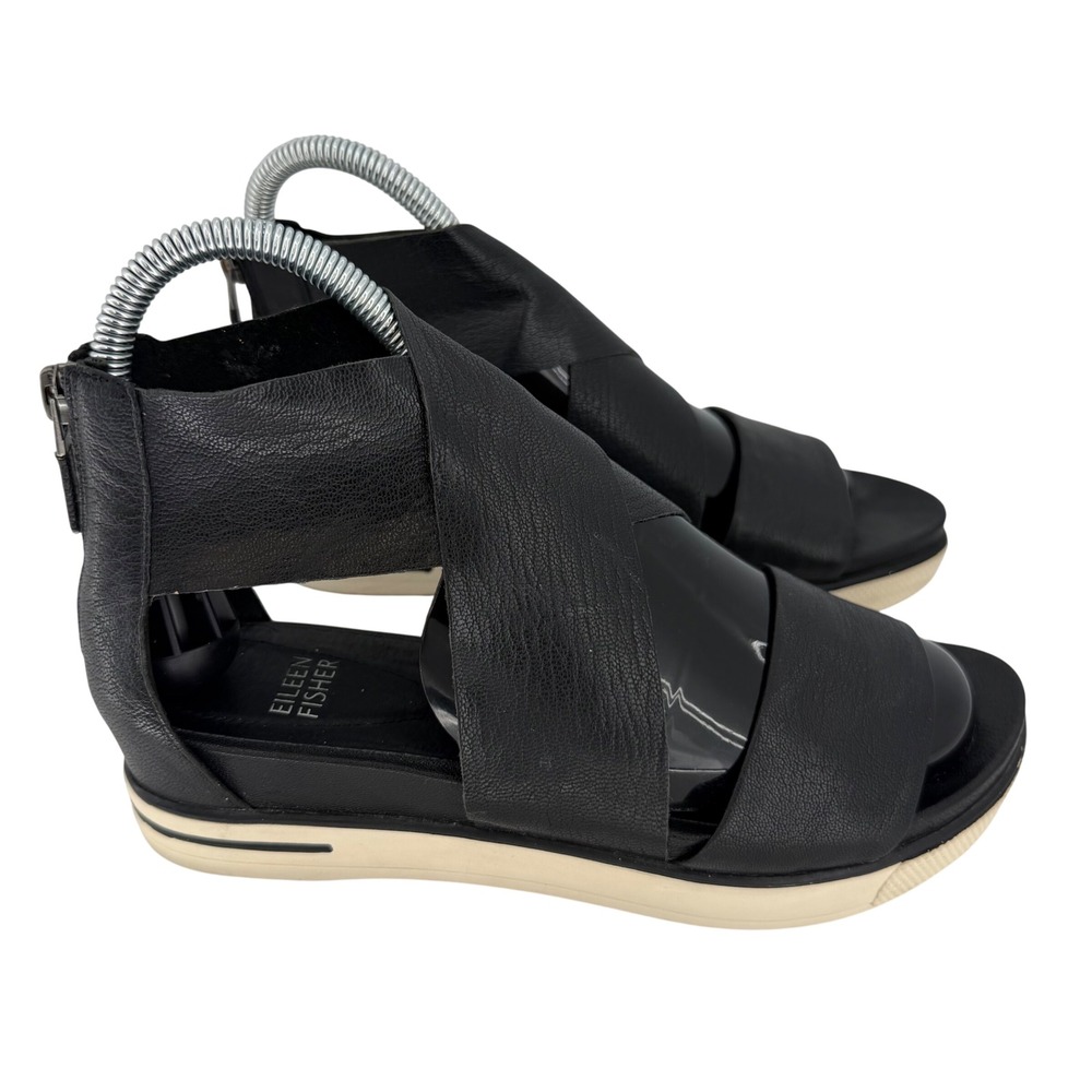 Eileen Fisher Black Leather Platform Sandals Crisscross Minimalist Luxe Women 6